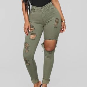 Olive Glistening Distressed Skinny Jeans